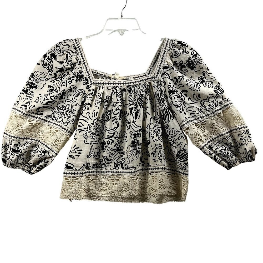 NWT Christian Siriano Linen Blend Boho Cream Black Peasant Crochet Crop Top S - Picture 7 of 11